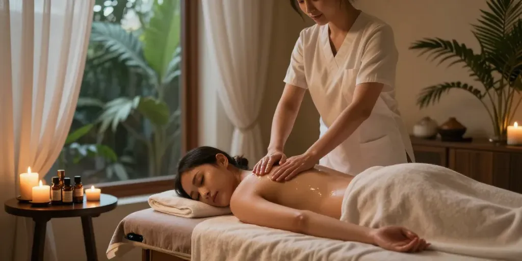 Relaxing 동작구출장마사지 session in a tranquil wellness space with aromatic oils and soft lighting.