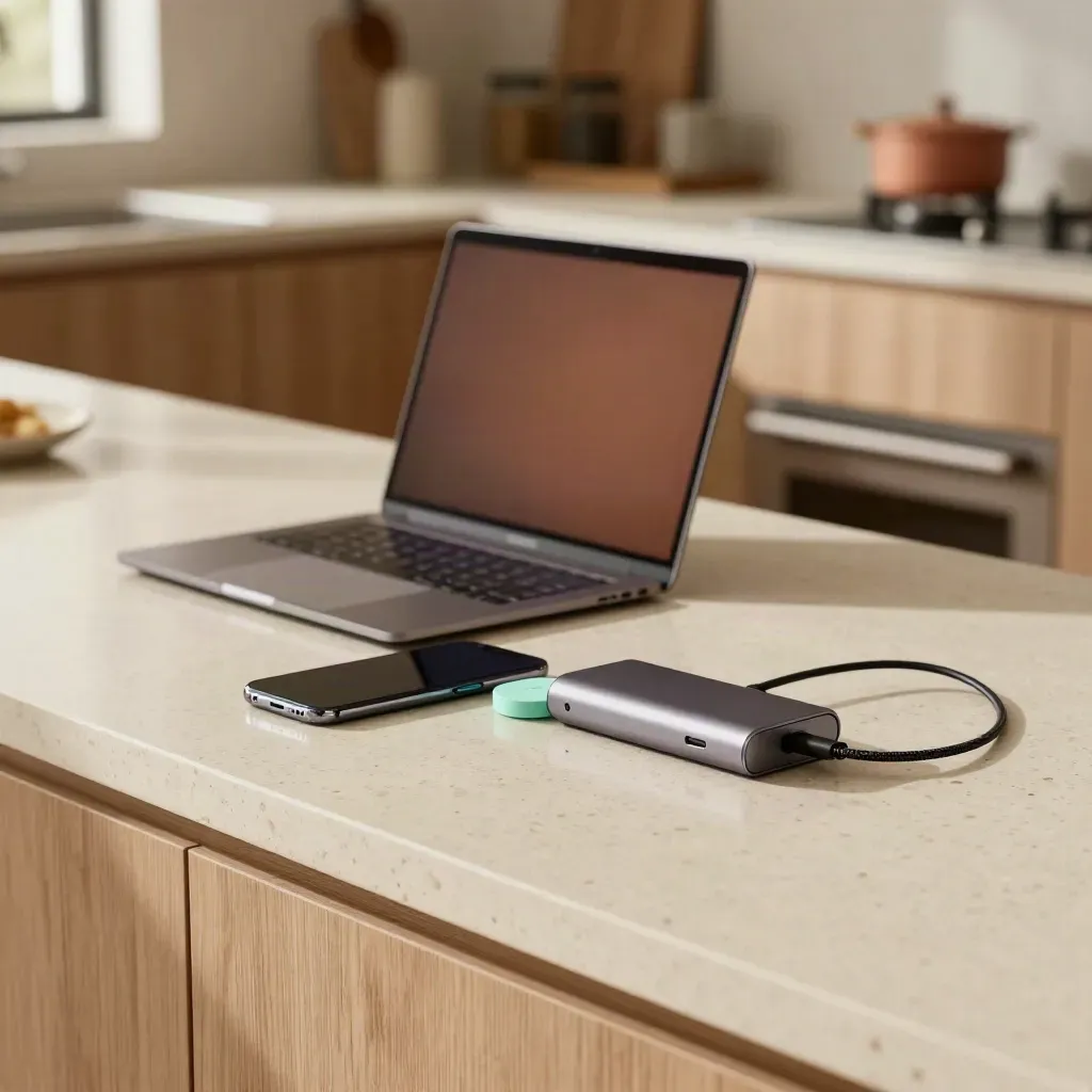 Laptop, phone, dock, charging puck and drive on a warm kitchen counter.