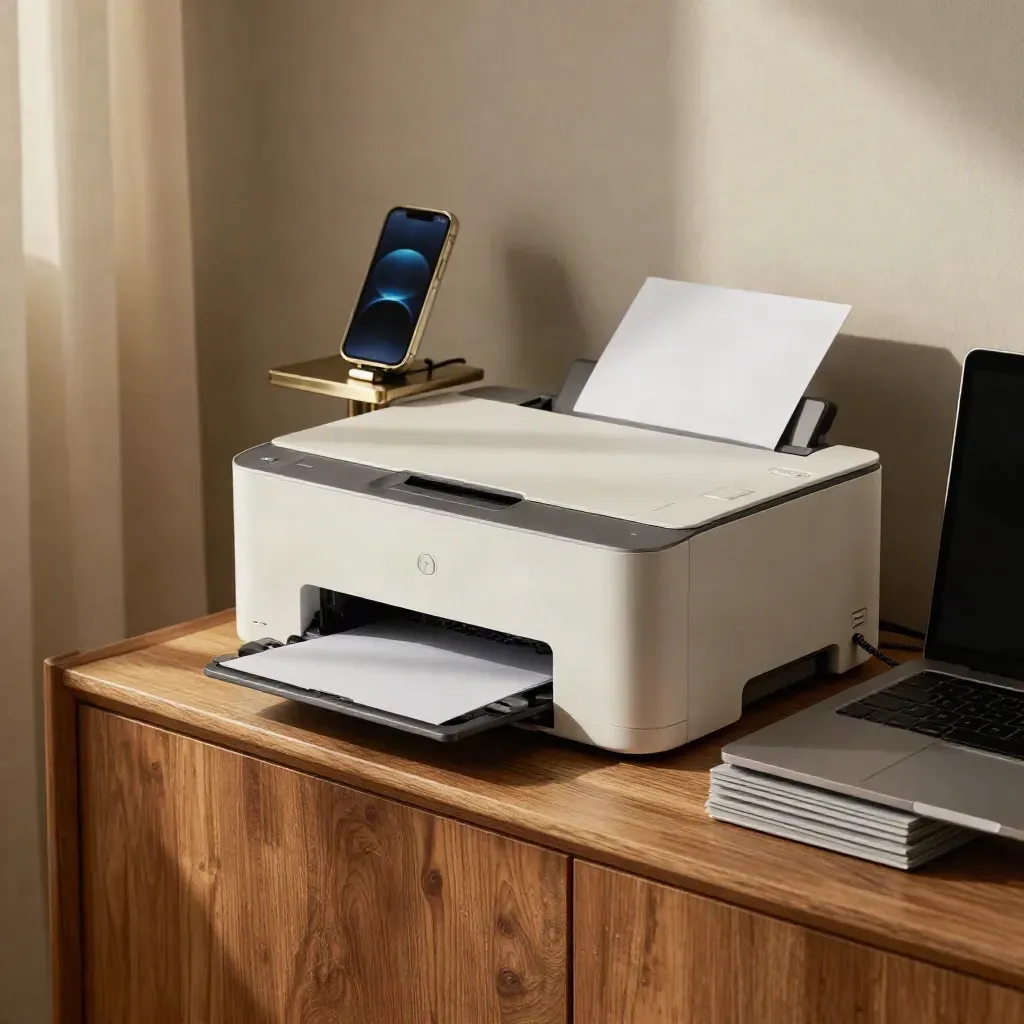 Printer, charging phone, and laptop dock on a warm sideboard in soft window light.