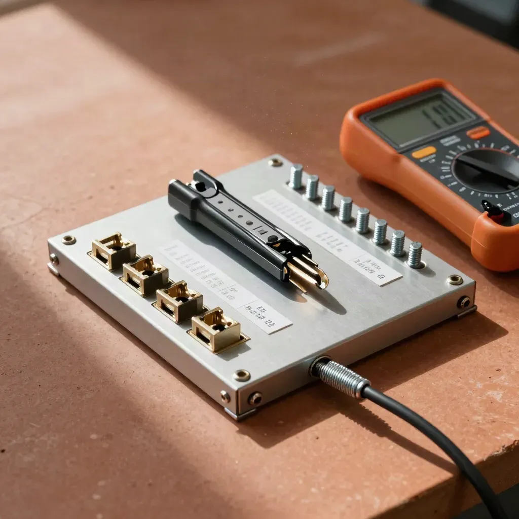 Top-down workbench still life of patch panel, punchdown tool, keystone jacks and multimeter.