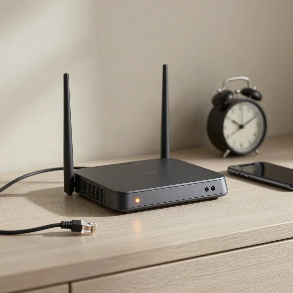 Router with fault light, unplugged ethernet lead, smartphone, and wall clock on pale wood
