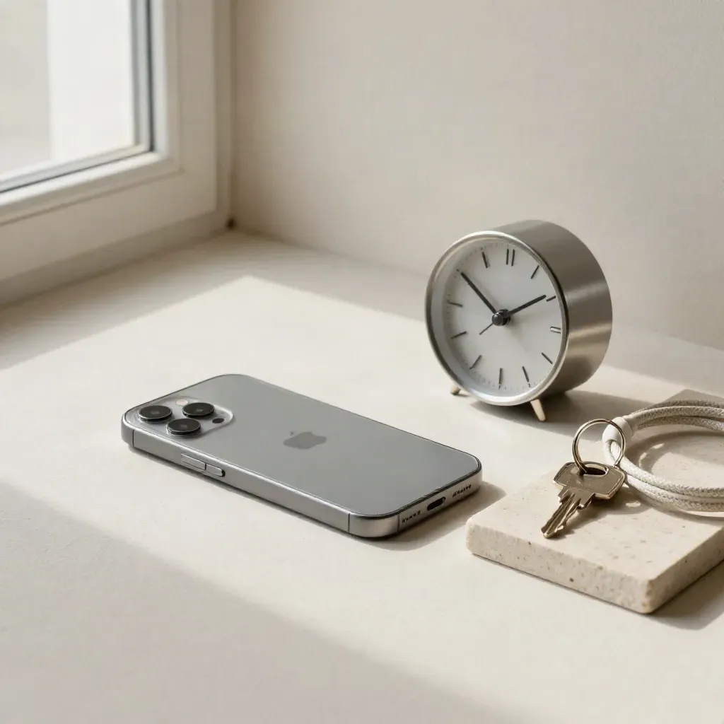 Face-down phone, analogue clock, keys and charging cable on a stone tray in soft daylight.