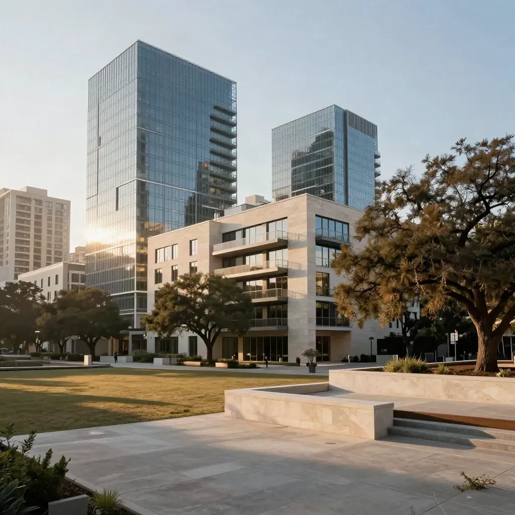 Glass towers and live oaks over a quiet limestone district, sunlit and hazy.
