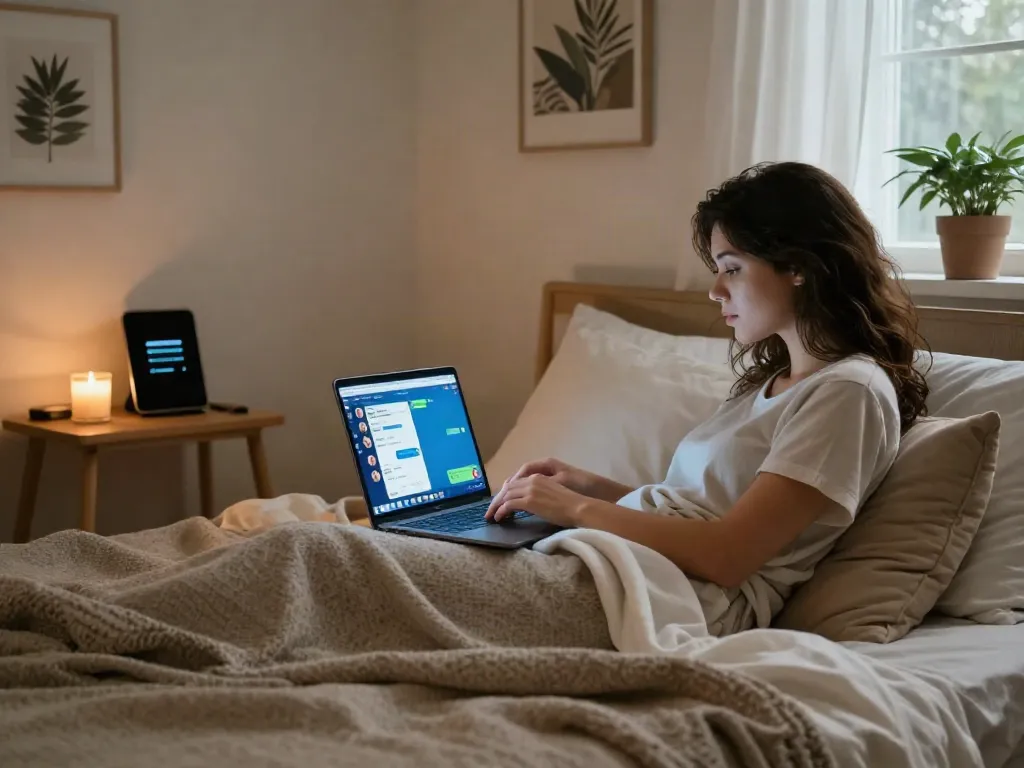 Intimate bedroom scene with a woman using AI sexting app on her laptop, showcasing cozy atmosphere.